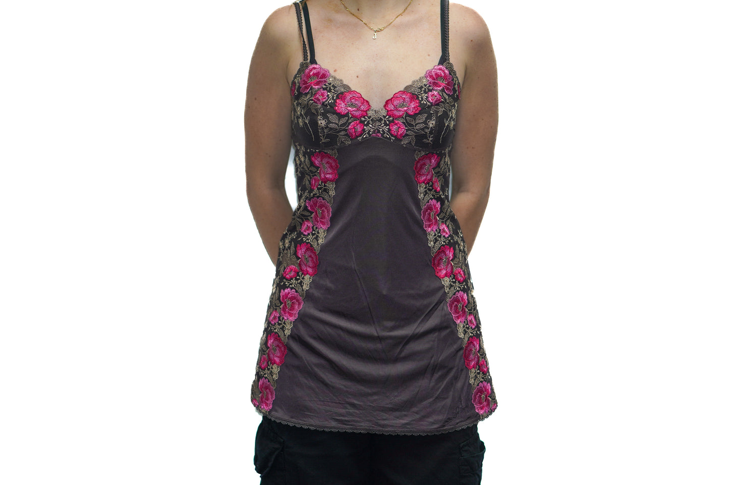 BROWN PINK ROSE LACE CAMI