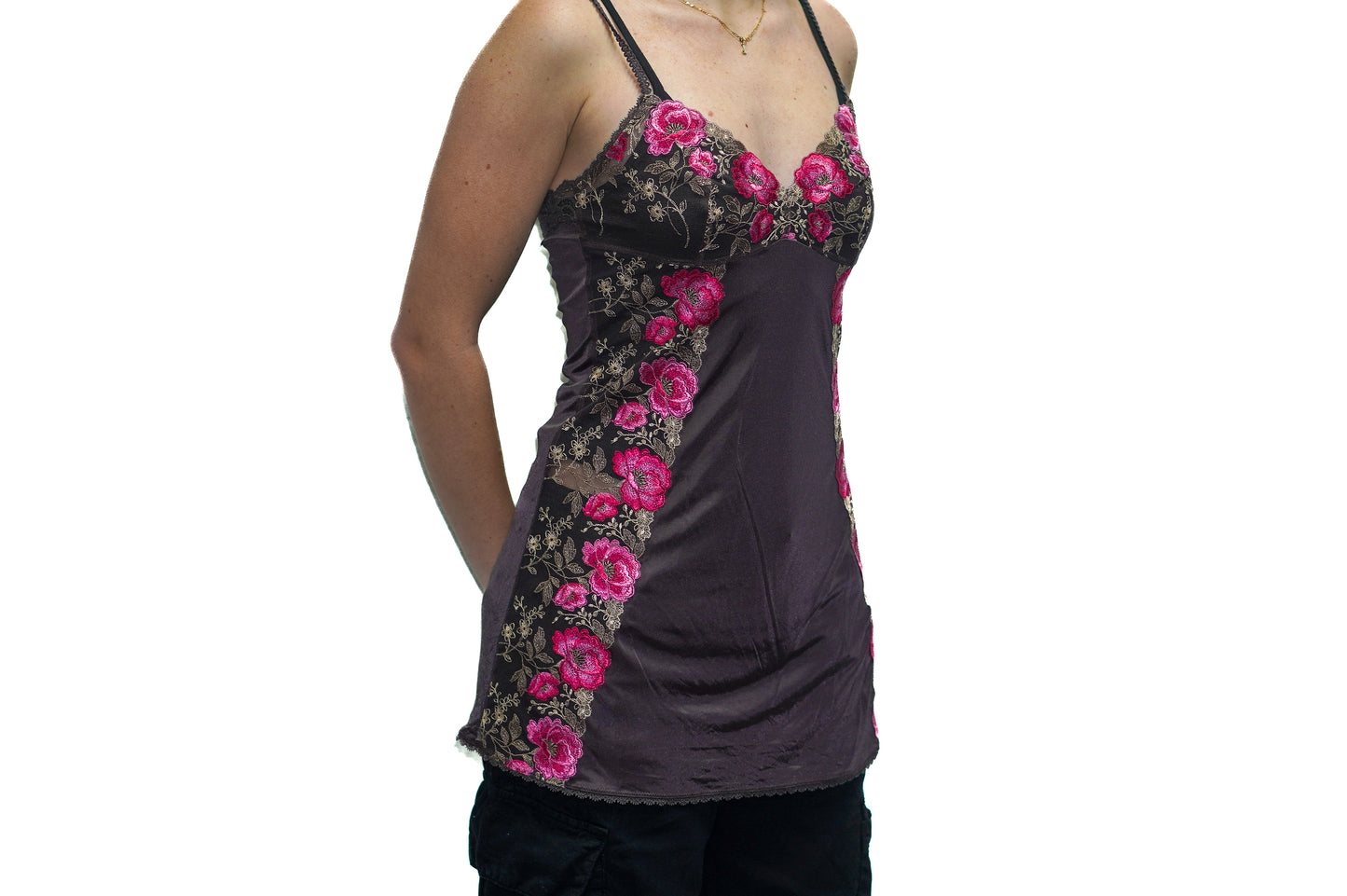 BROWN PINK ROSE LACE CAMI